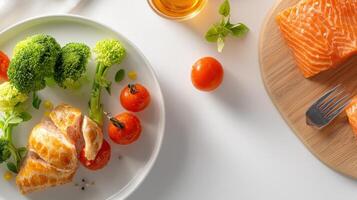 A delicious and healthy meal featu pan-seared salmon fillet served with roasted broccoli, cherry tomatoes and a flaky pastry puff, all artfully arranged on a white plate for a photo