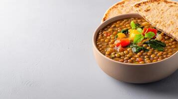 A hearty bowl of delicious lentil stew with vibrant vegetables and warm pita bread sits on a gray background offe a comforting and flavorful vegetarian meal. photo