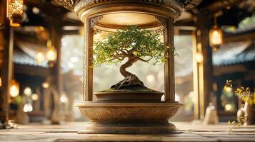 A bonsai tree in a lantern on a table photo