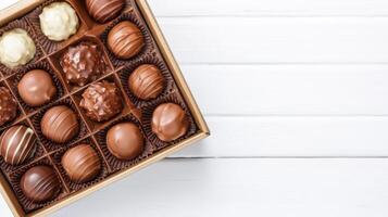 Chocolates in a box on a white wooden table photo