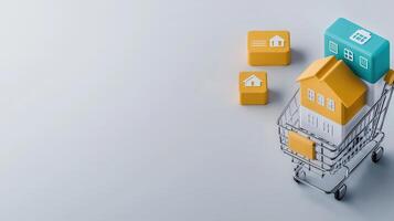 3d rendering of a shopping cart with houses and blocks photo