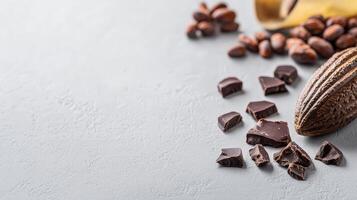 Chocolate and cocoa beans on a gray background photo