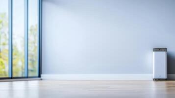 A white air purifier in an empty room photo