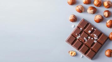Chocolate bar with hazelnuts and sea salt on white background photo