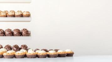 A row of cupcakes on a white shelf photo