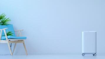 A white air purifier sits next to a blue chair photo
