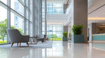 Modern office lobby with modern furniture and large windows photo