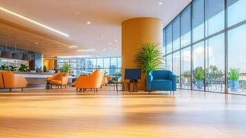 Modern lobby with orange chairs and potted plants photo