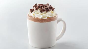 A white mug with whipped cream and chocolate chips photo