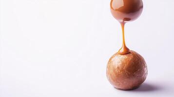 A caramel being poured onto a brown egg photo