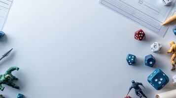 A table with dice, dice, and other game pieces photo