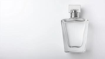 A clear glass perfume bottle on a white background photo