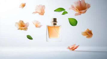 An image of a perfume bottle with flowers flying around it photo