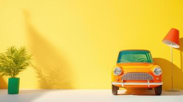 Retro car in front of yellow wall with lamp and plant photo