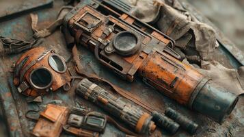 A rusted gun and other items laying on a table photo