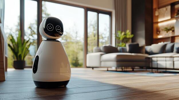 A robot is standing in front of a living room photo