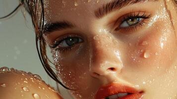 A woman with wet hair and water on her face photo