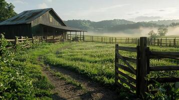 A farm with a barn and fence in the middle of a field photo