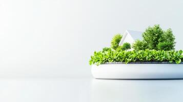 House in a pot with green plants and trees photo