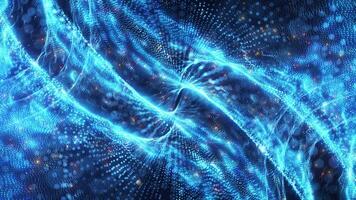 Abstract digital blue dynamic waves of particles and dust with motion light background, data flow, cyber technology. 3D rendering. video