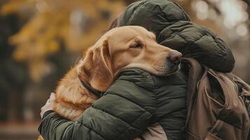 A person is hugging a dog in a park photo