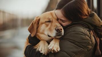 A woman is hugging her dog while standing outside photo