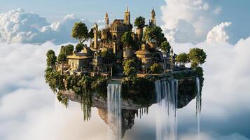 An island with a castle floating in the sky photo