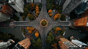 An aerial view of a city intersection photo