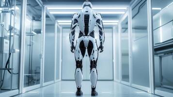 A robot standing in a hallway with a white and black suit photo