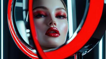 A woman with red makeup and red lips is reflected in a mirror photo