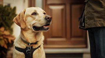 A dog is sitting on the front steps of a house photo
