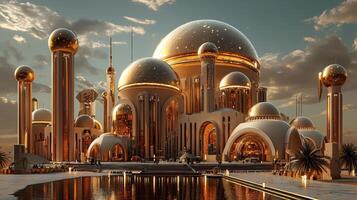 A futuristic building with many domes and lights photo