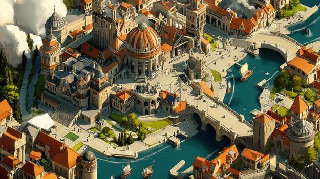 An animated city with a river and a bridge photo