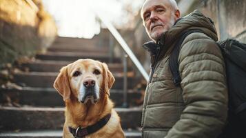 An older man with a dog on a staircase photo