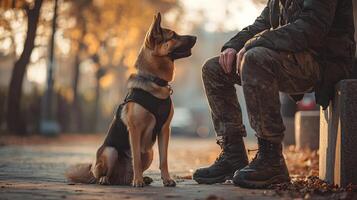 A man sitting on a bench with a dog photo