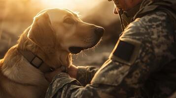 A soldier petting a dog in the field photo