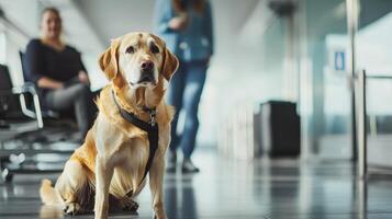 A dog sitting on the floor in an airport photo