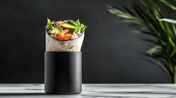 A wrap sitting in a black container on a table photo