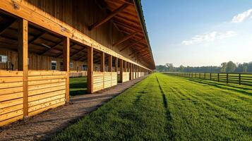 A long row of wooden stalls in a field photo