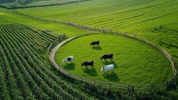 A group of cows grazing in a field photo