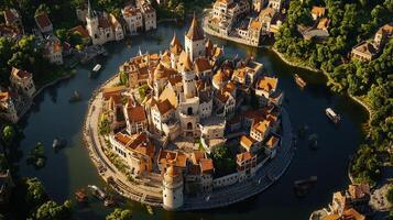 An aerial view of a castle surrounded by water photo