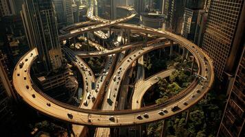 An aerial view of a city with many roads photo