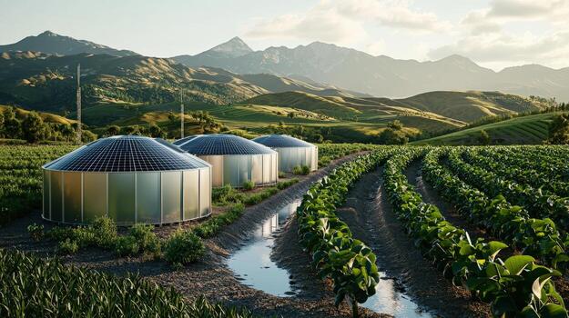 A farm with several large metal tanks in the middle of it photo