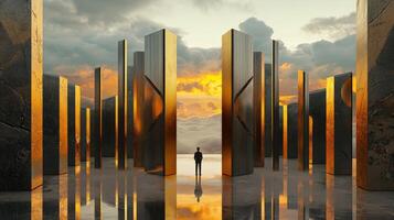 A man standing in front of a large door with a sunset in the background photo