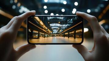 A person holding up a smartphone with a photo of a train