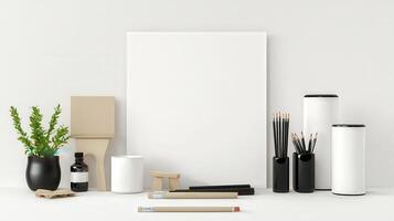 A white table with various items including a blank poster photo