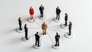 Miniature people standing in a circle with a business person in the middle photo