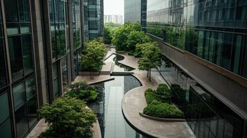 A view of a city street with a waterway photo