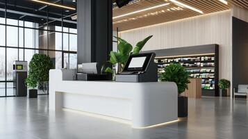 A modern office with a reception desk and plants photo