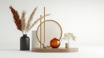A vase with a plant and a mirror on a table photo